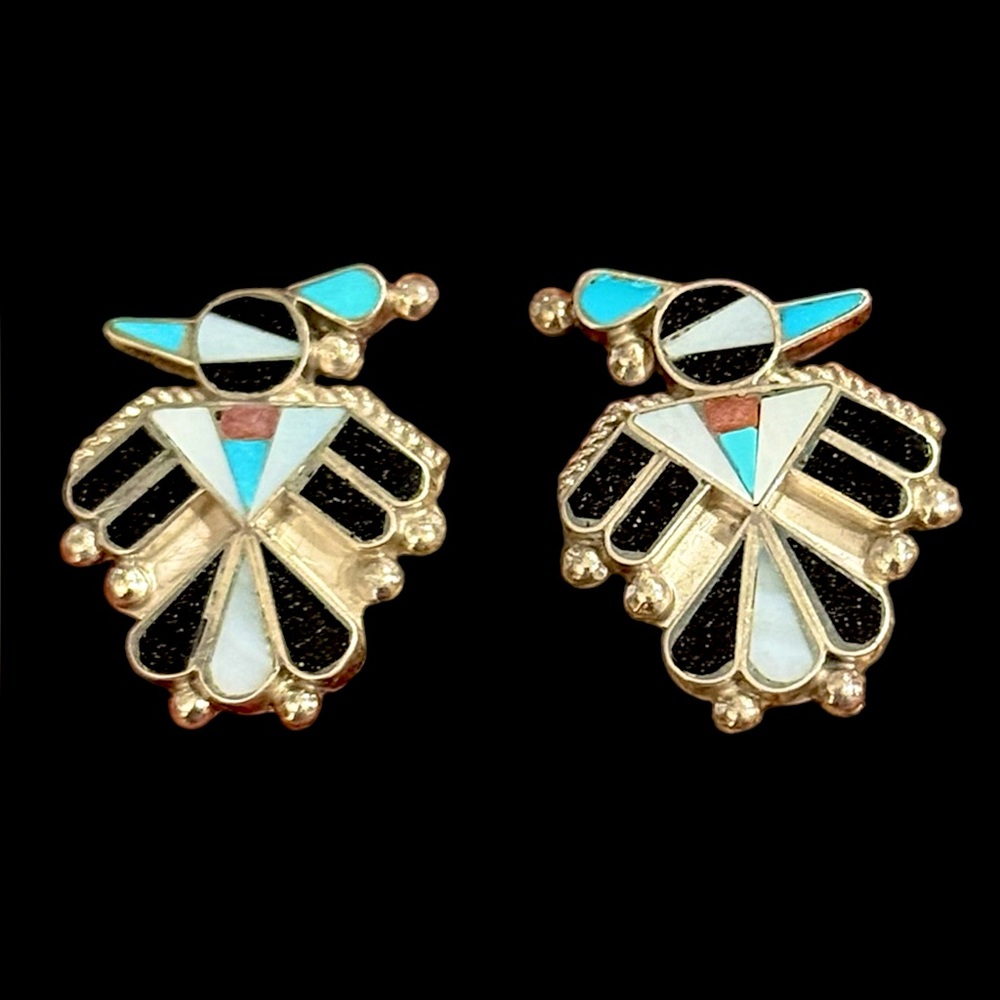 Fabian Cellicion Zuni Inlay Sterling Silver Turquoise Thunderbird Earrings